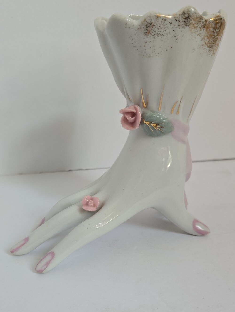 Vintage Hand Vase Pink Roses 4¾ Inch x 4½" Inch Made In Japan - Picture 12 of 16